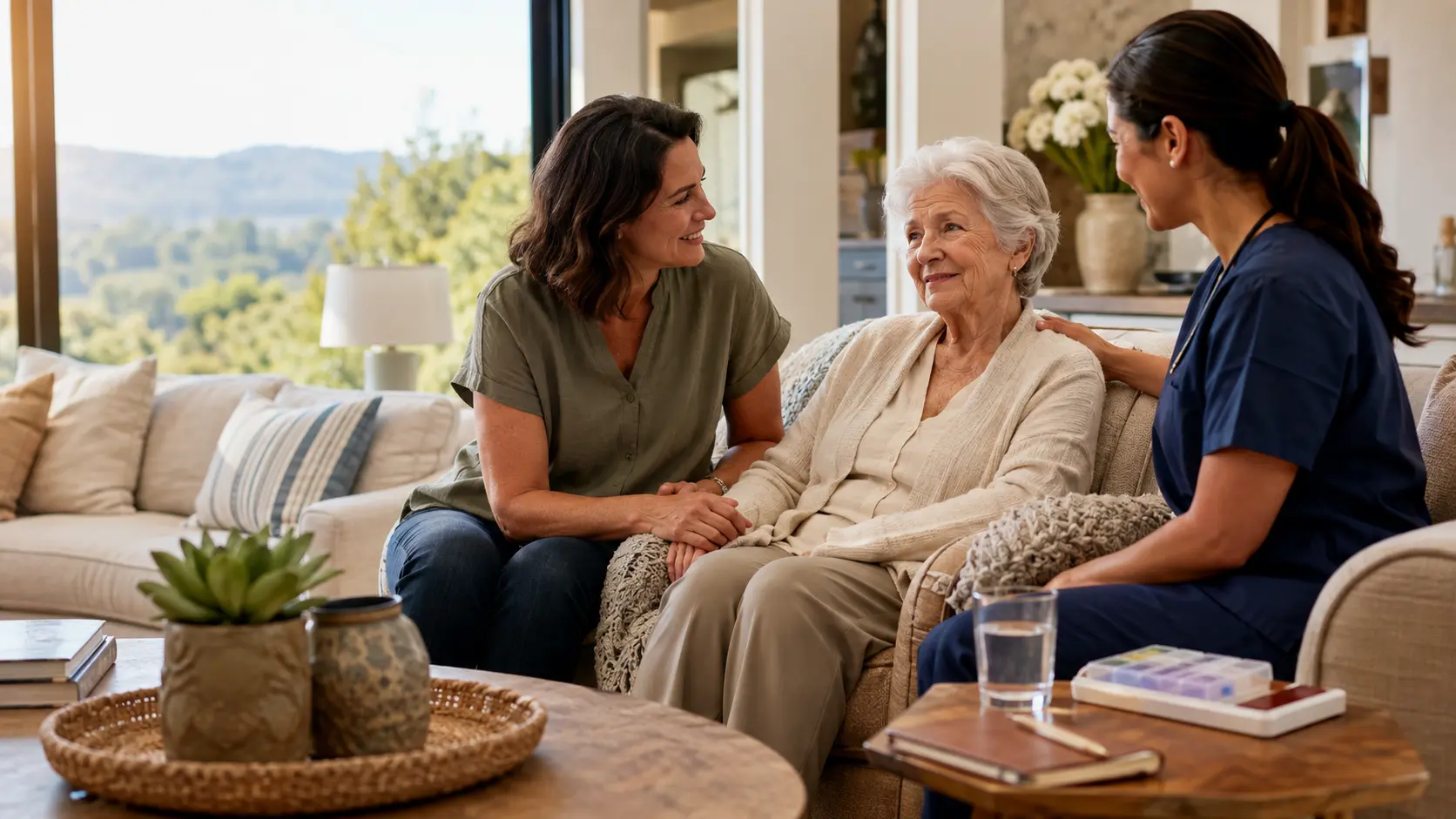 A nurse or caregiver and a family member with an elderly woman in her living room.